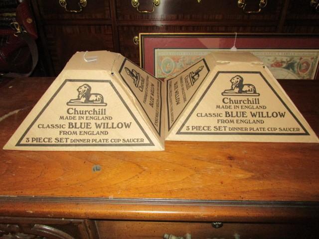 2 Churchill England Classic Blue Willow 3 Piece Set Dinner Plate, Cup & Saucer