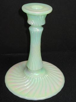 Pair - Fenton Art Glass Sea Mist Green Iridescent Swirl Pattern Candle Sticks