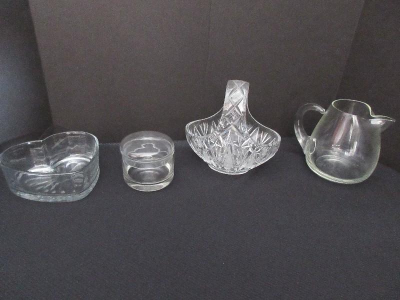 Lot - Crystal/Glass Heart Shape Candy Dish, Hand Blown Pitcher w/ Applied Handle