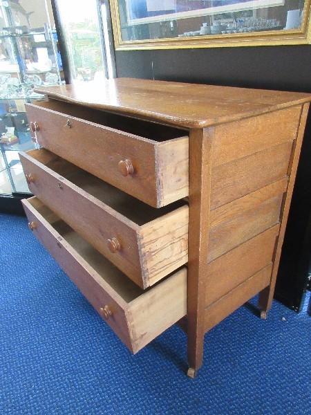 Early Oak 3 Drawer Chest w/ Wooden Pulls, Dovetail Drawers & Escutcheons on Wooden Casters