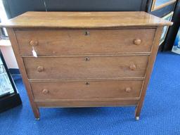 Early Oak 3 Drawer Chest w/ Wooden Pulls, Dovetail Drawers & Escutcheons on Wooden Casters