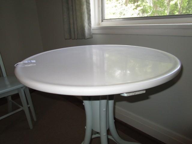 White Top Wooden Round Table w/ 3 Green Painted Chairs 1 Unfinished