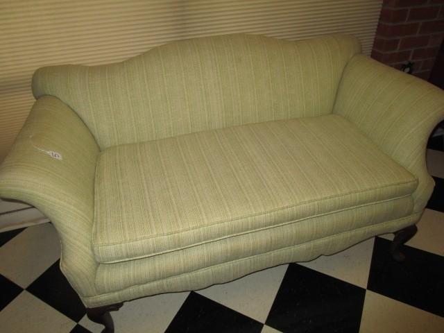 Green Upholstered Bench Couch, Wood Curved Pad Feet, Curved Top/Arms