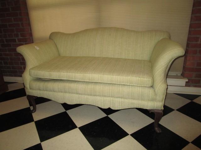 Green Upholstered Bench Couch, Wood Curved Pad Feet, Curved Top/Arms