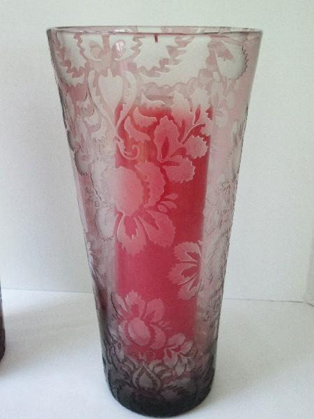 Pair - Plum Etched Frosted Classic Damask Pattern Glass 12" Vases/Pillar Candle Holders