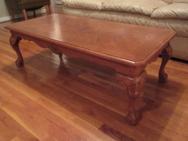 Traditional Oak Coffee Table w/ Scalloped Shell Carved Knee on Ball & Claw Foot