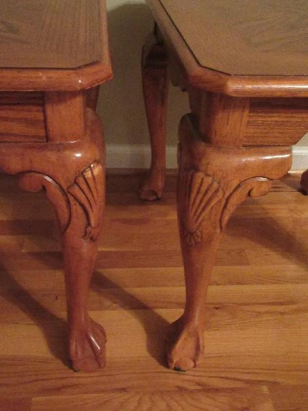 Pair - Traditional Oak End Tables w/ Scalloped Shell Carved Knee on Ball & Claw Foot