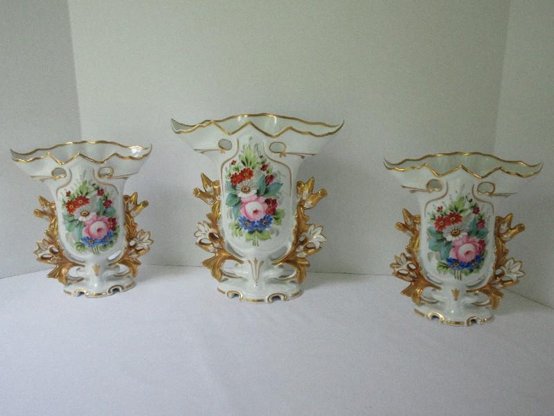 3 Piece - Vintage Vista Alegre Portugal Old Paris Porcelain Spill Mantle Vases