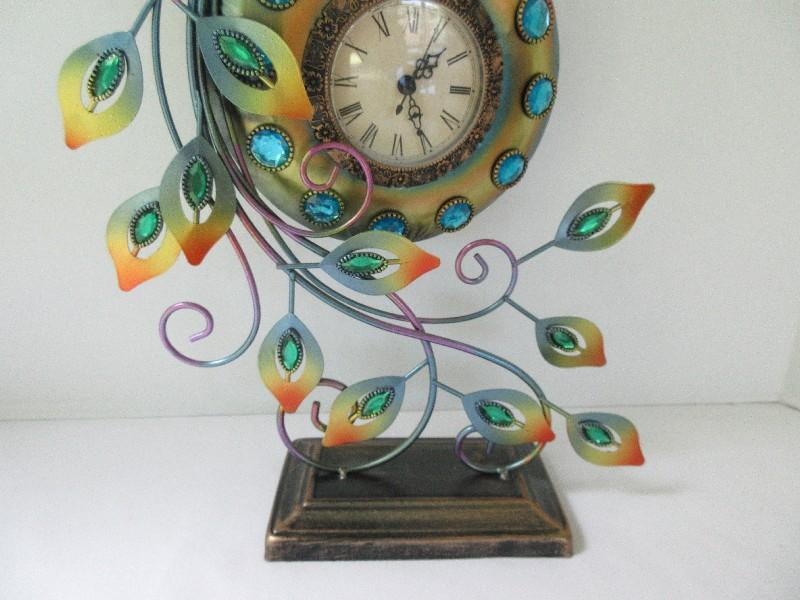 Stunning Tin Metal Bejeweled Peacock Statuette Clock