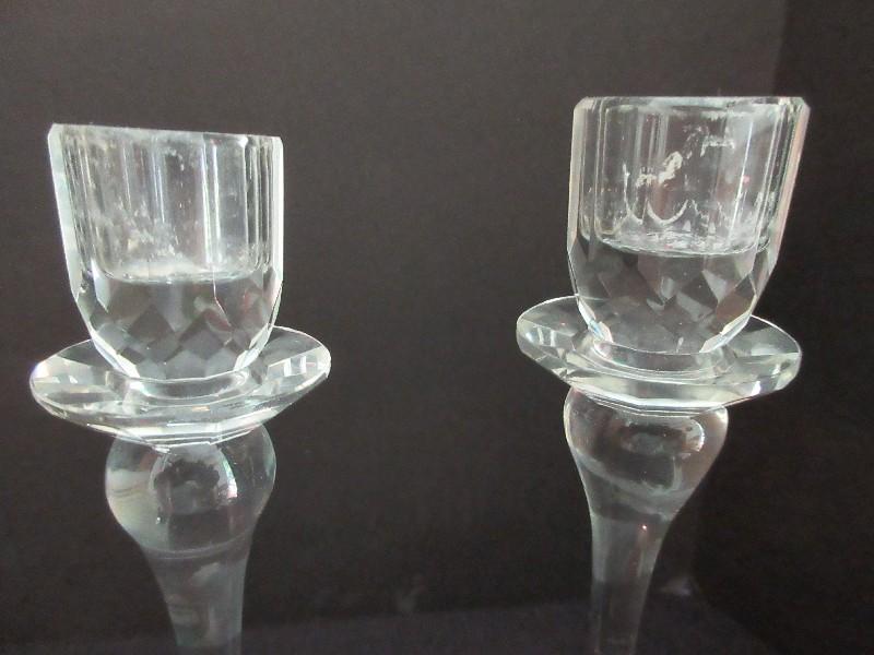 Pair - Contemporary Crystal Stem Candle Sticks on Panel Design Base