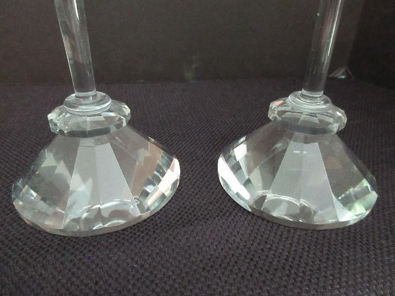 Pair - Contemporary Crystal Stem Candle Sticks on Panel Design Base