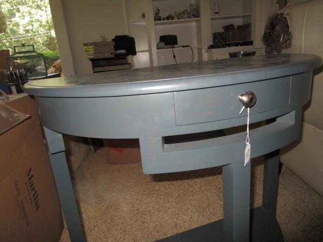 Wooden Half-Circle Blue Entry Table w/ 1 Drawer Metal Pull, 2 Tier