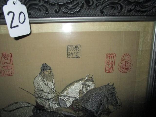 Vintage Chinese Stitch Art on Silk Man w/ Horses w/ Chinese Lettering