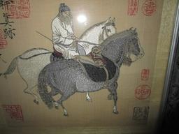 Vintage Chinese Stitch Art on Silk Man w/ Horses w/ Chinese Lettering