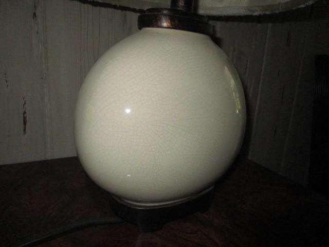 Round Body Ceramic/Crazed Lamp w/ Wood Neck/Base w/ Fabric Trim Shade