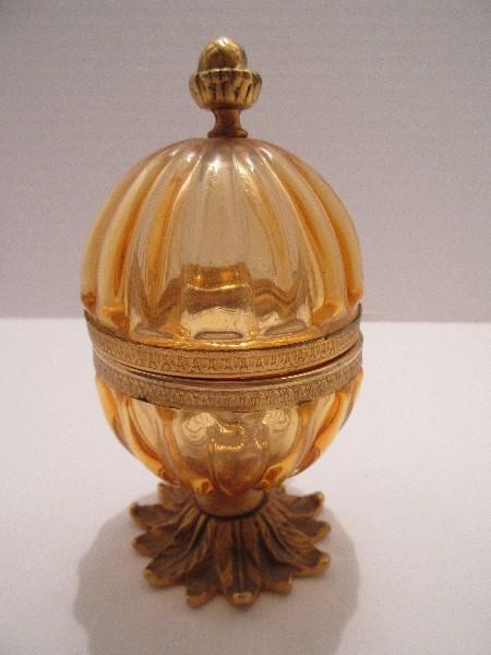 Amber Ribbed Design Hinged Trinket Egg on Brass Tone Foliate Base & Acorn Finial