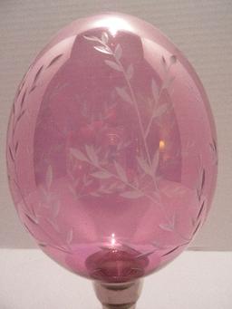 Cranberry Iridescent Hand Blown Etched Egg Foliage Stems Pattern