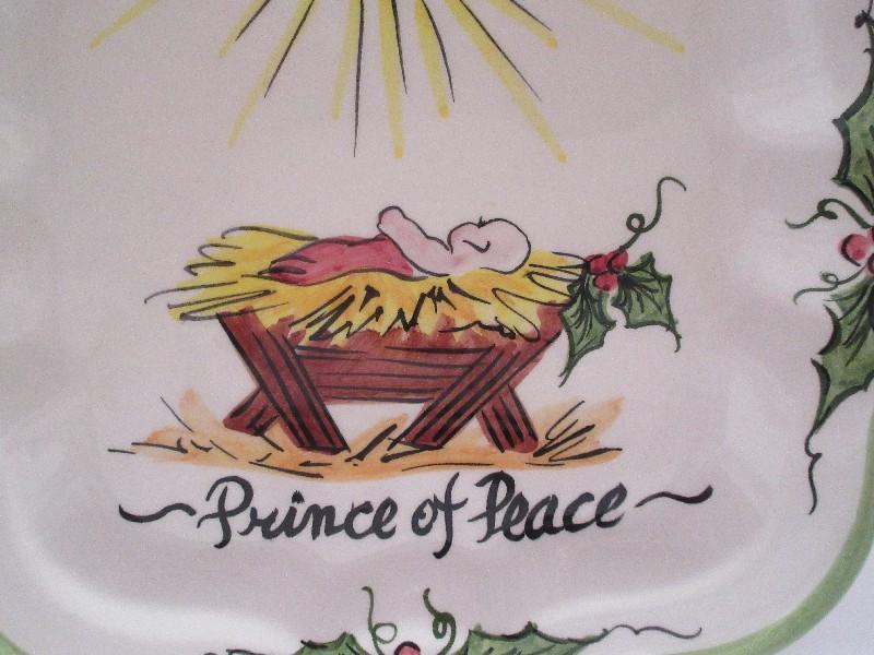 Set - 4 Ceramic Christmas Plates Hand Painted "Prince of Peace" Baby Jesus in Manger Design