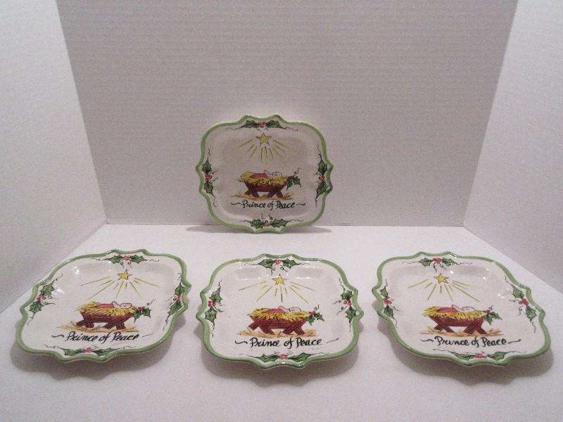 Set - 4 Ceramic Christmas Plates Hand Painted "Prince of Peace" Baby Jesus in Manger Design