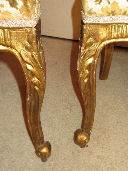 Pair - French Inspired Gilded Rococo Style Diminutive Accent Chairs Ornately Carved