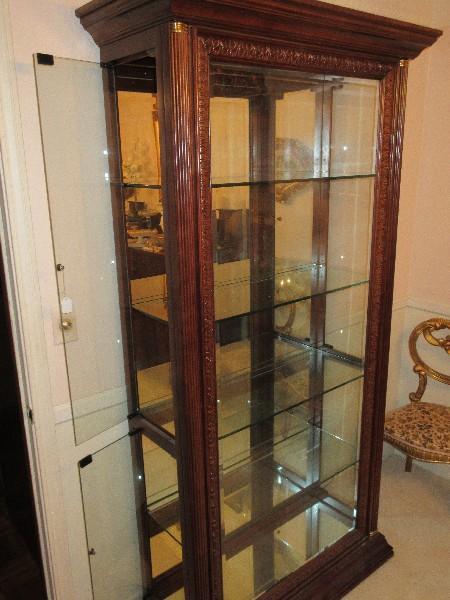 Stately Lighted Curio Cabinet w/ Mirrored Back, Beveled Glass Framed