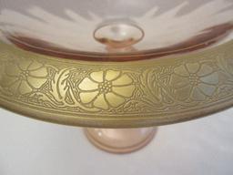 Pink Depression Glass Compote w/ Flared Rim & Gilded Flower/Foliage Pattern Rim