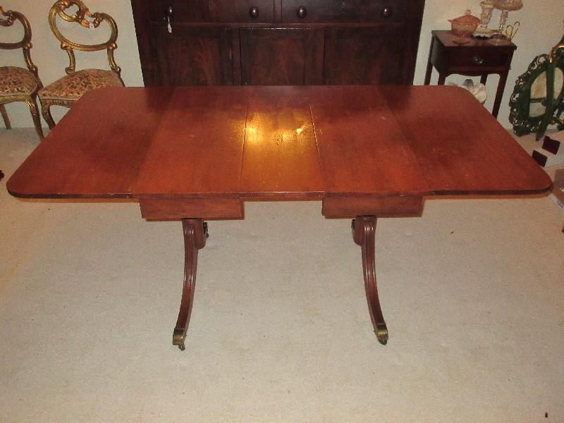 Duncan Phyfe Style Mahogany Double Pedestal Drop Leaf Table on Casters
