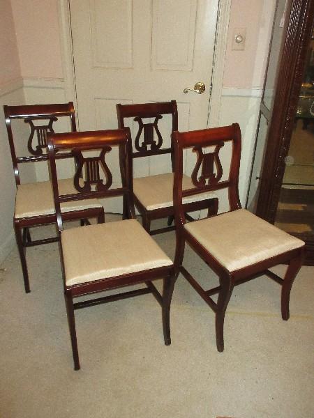 Set - 4 Mahogany Lyre Back Chairs w/ Upholstered Seats