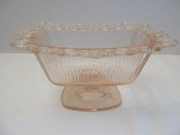 Pink Pressed Glass Pedestal Candy Dish w/ Lid Lace Edge & Ribbed Design
