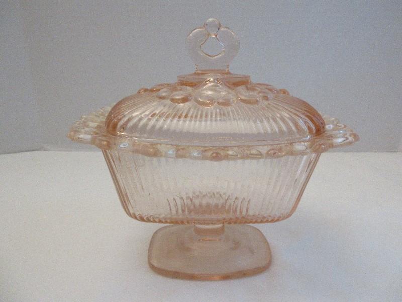 Pink Pressed Glass Pedestal Candy Dish w/ Lid Lace Edge & Ribbed Design