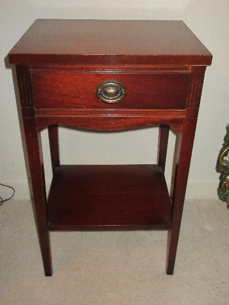 Mahogany Side Table w/ Dovetailed Drawer & Base Shelf on Tapered Legs