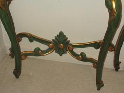 Italian Baroque Style Painted Green Console Entry Table w/ Green Marble Top Gilded Trim