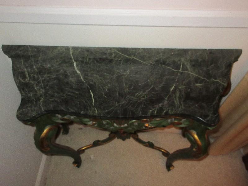 Italian Baroque Style Painted Green Console Entry Table w/ Green Marble Top Gilded Trim