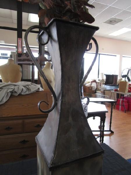 Tall Standing Antique Patina Vase, Curled Base/Handles w/ Faux Flowers