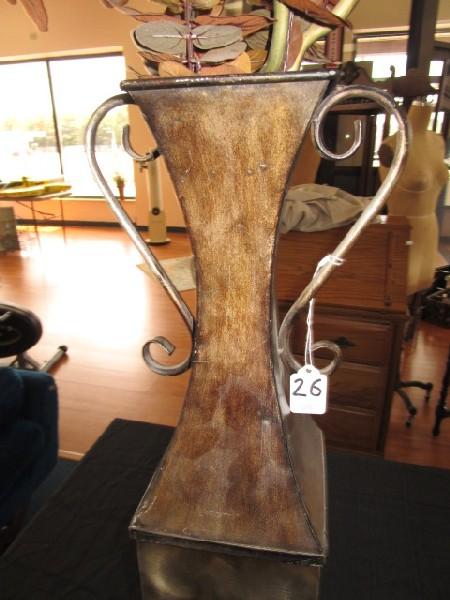 Tall Standing Antique Patina Vase, Curled Base/Handles w/ Faux Flowers