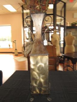 Tall Standing Antique Patina Vase, Curled Base/Handles w/ Faux Flowers