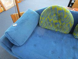 Cookie Monster Long Sofa Wood Legs, Blue Shag Upholstered w/ Blue/Yellow Wave Pillows