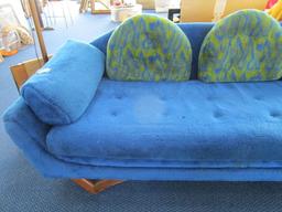 Cookie Monster Long Sofa Wood Legs, Blue Shag Upholstered w/ Blue/Yellow Wave Pillows