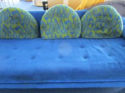 Cookie Monster Long Sofa Wood Legs, Blue Shag Upholstered w/ Blue/Yellow Wave Pillows