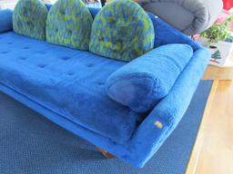 Cookie Monster Long Sofa Wood Legs, Blue Shag Upholstered w/ Blue/Yellow Wave Pillows