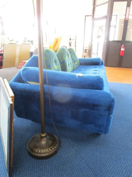 Cookie Monster Long Sofa Wood Legs, Blue Shag Upholstered w/ Blue/Yellow Wave Pillows