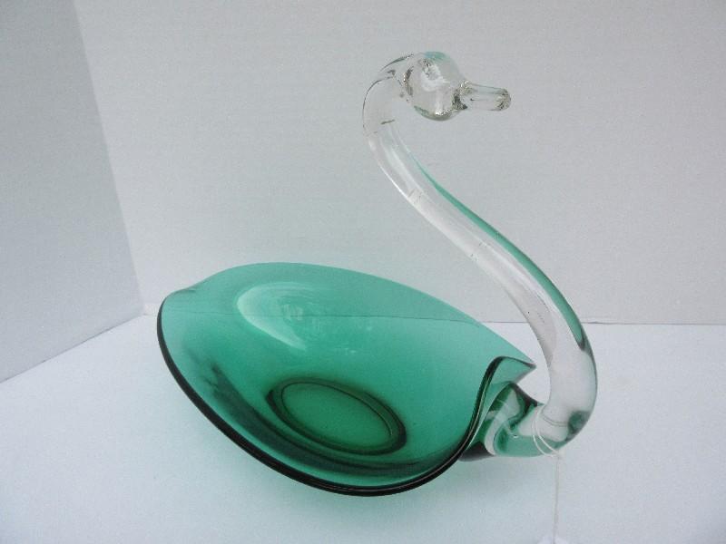 Mid-Century Art Glass Duncan & Miller Emerald Green Console Bowl w/ Clear Neck