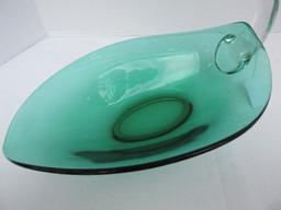 Mid-Century Art Glass Duncan & Miller Emerald Green Console Bowl w/ Clear Neck