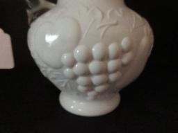 Scarce Milk Glass Pitcher w/ Applied Clear Handle w/ Raised Fruit Pattern