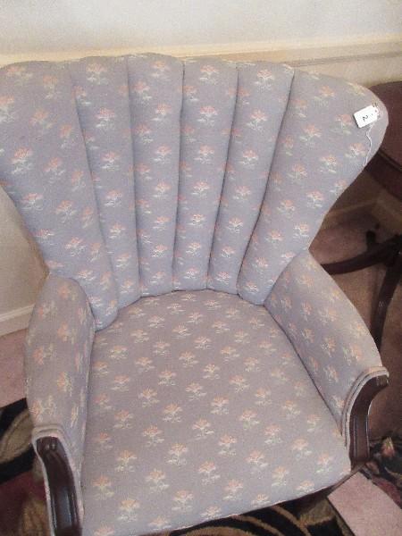 Curved Fan Channel Back Occasional Arm Chair w/ Mahogany Trim