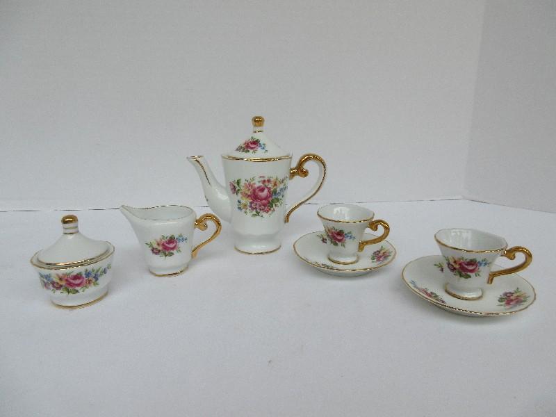 Miniature Porcelain Tea for 2 Tea Set Wild Flower Spray Transfer w/ Gild Trim