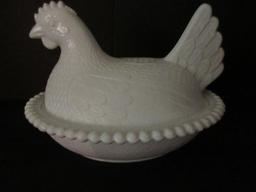 Indiana Milk Glass Hen on Nest Open Beads Trim