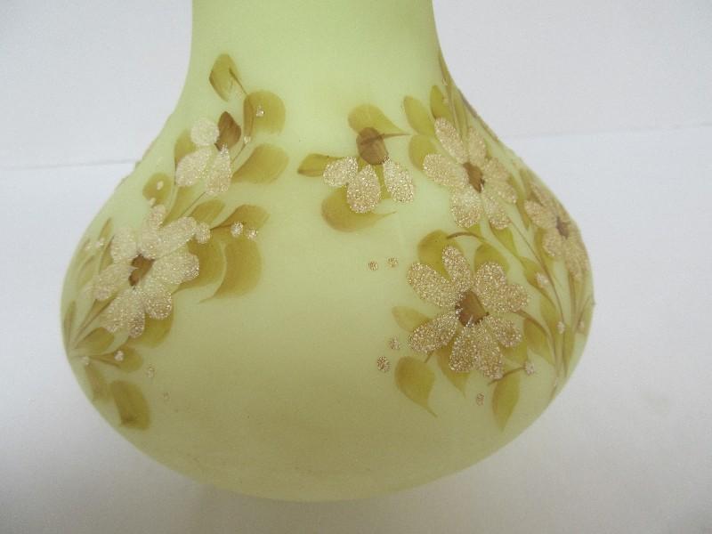 Fenton Custard Satin Glass Vase Hand Painted Flowers/Foliage Pattern Artist Signed Base