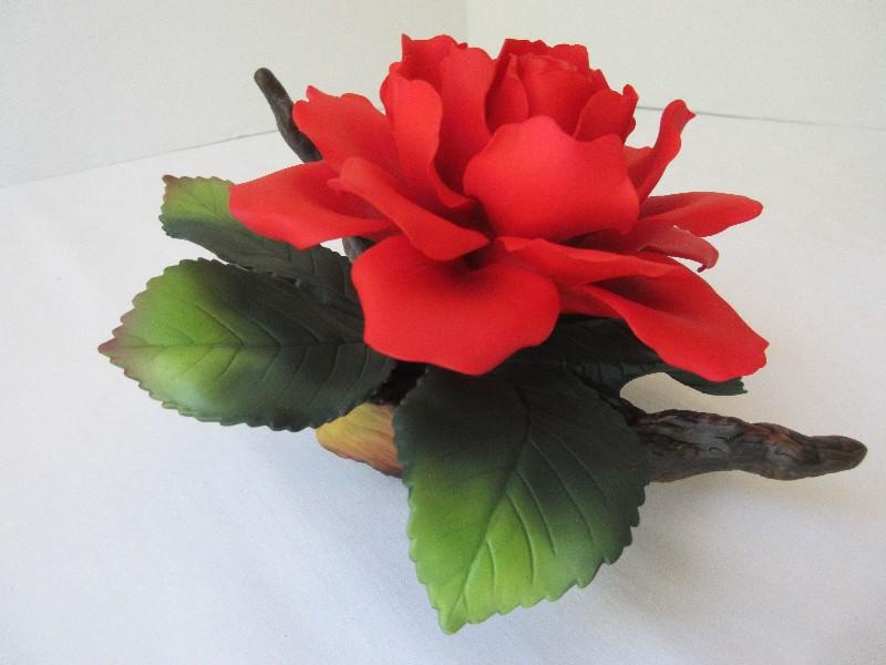 Andrea's Flowers Collection Porcelain Art Red Rose on Branch Hand Painted in Original Box