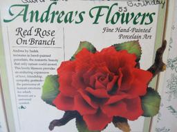 Andrea's Flowers Collection Porcelain Art Red Rose on Branch Hand Painted in Original Box